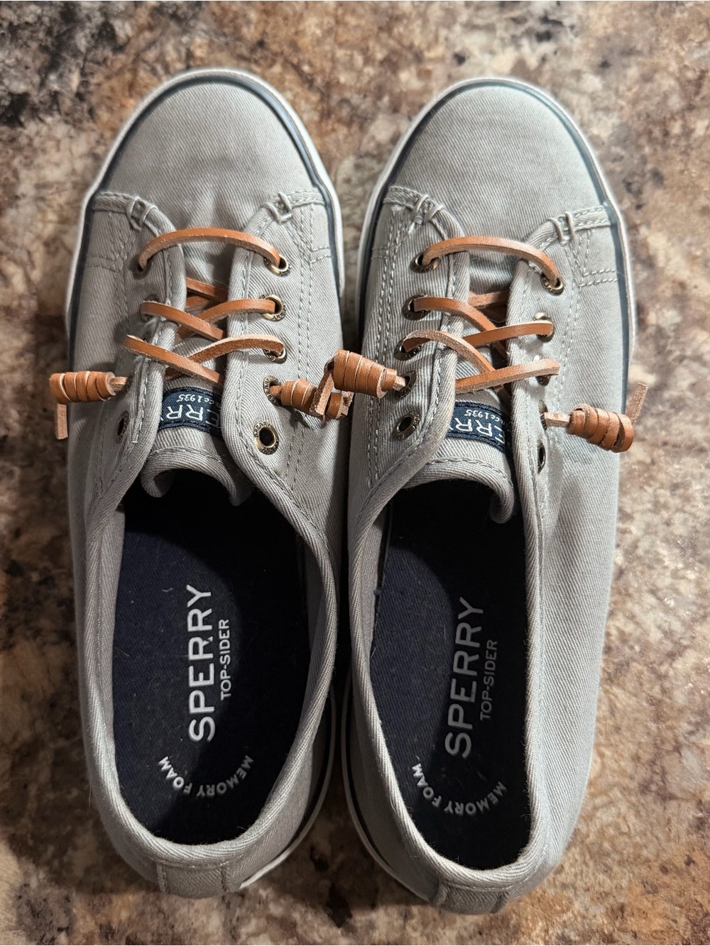 Sperry Men’s Light Gray Canvas Boat Shoes with Tan Leather Laces